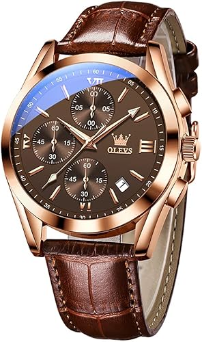 OLEVS Men's Casual Leather Watch, Big Face Chronograph Watch for Men, Fashion Easy to Read Dress Watch