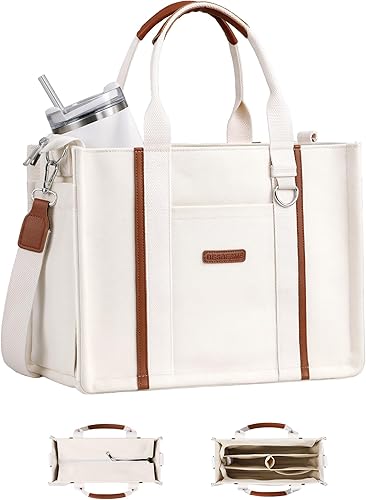 BESBESME Women’s Canvas Tote Bag with Zipper and Compartments