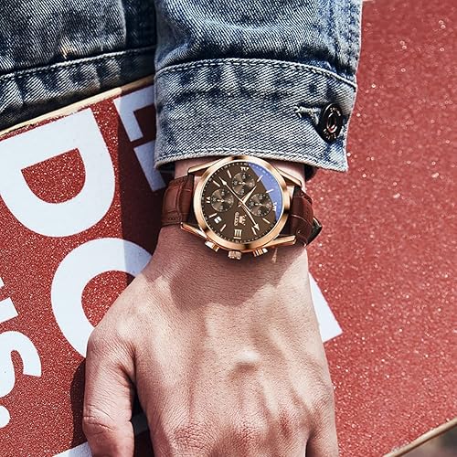 OLEVS Men's Casual Leather Watch, Big Face Chronograph Watch for Men, Fashion Easy to Read Dress Watch