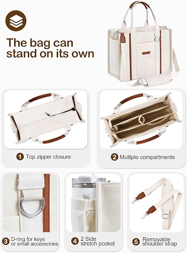 BESBESME Women’s Canvas Tote Bag with Zipper and Compartments